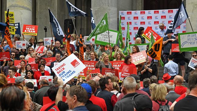 Protesters have rallied on the steps of Parliament House against the State Government’s plan to privatise operation of Adelaide’s train and tram network. Picture: Tom Huntley