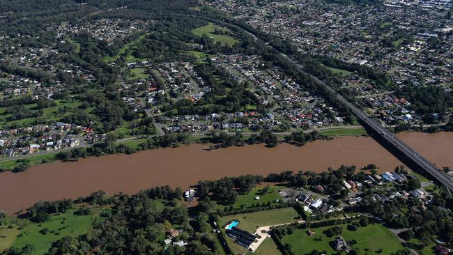 An Aerial view of Penrith along the Nepean River in the Western Sydney region where major floods have hit the areas, and the water levels are at an highest in Sydney, Australia. Picture: NCA NewsWire / Gaye Gerard