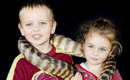 Blake and Elana Walker get up close with a python during Saturday’s Reptile Festival. . Picture: Sarah Harvey