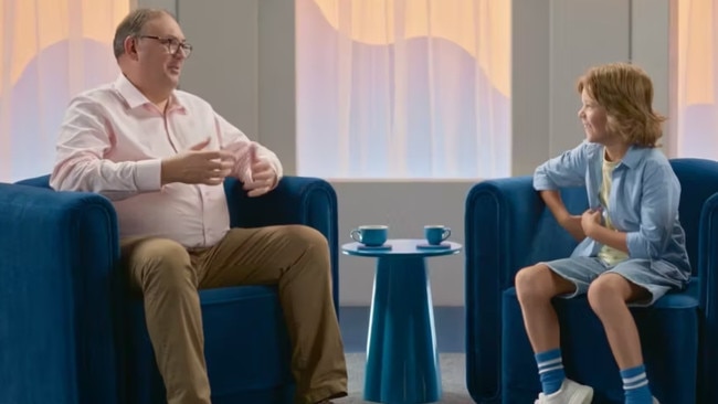 Monty Newton Welsh  (right) hosting a 'talk show' in a  commercial for UniSuper.Picture: Supplied.