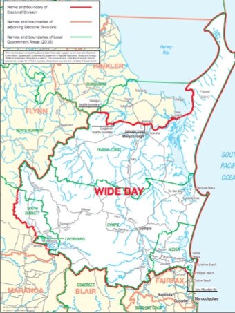 WIDE BAY ELECTORATE: The red outline designates the electorate of Wide Bay.