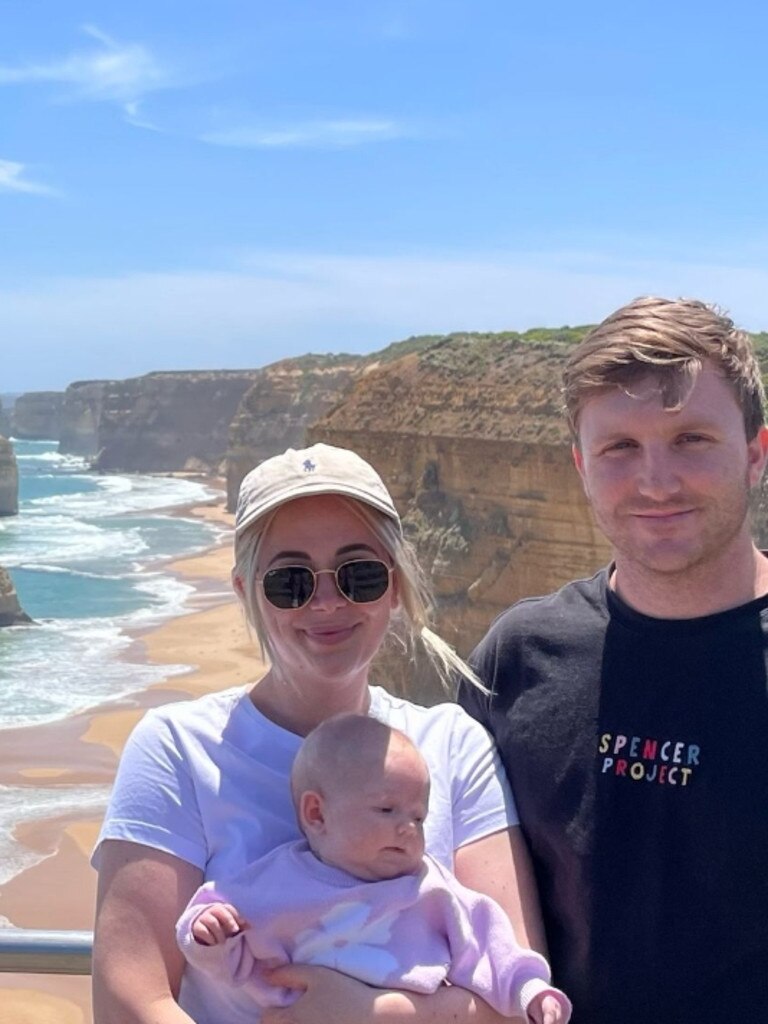 Tom, Schumacher with wife Emily and daughter Goldie on the Great Ocean Road. Picture: Instagram @travelling_with_tom_