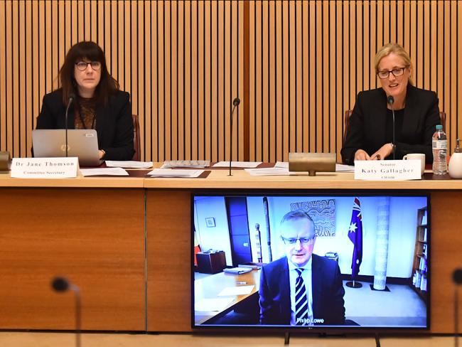 Shadow Minister for Finance Katy Gallagher (right) questions Reserve Bank of Australia Governor Philip Lowe as he appears by video link at the Senate Inquiry into COVID-19. Picture: AAP