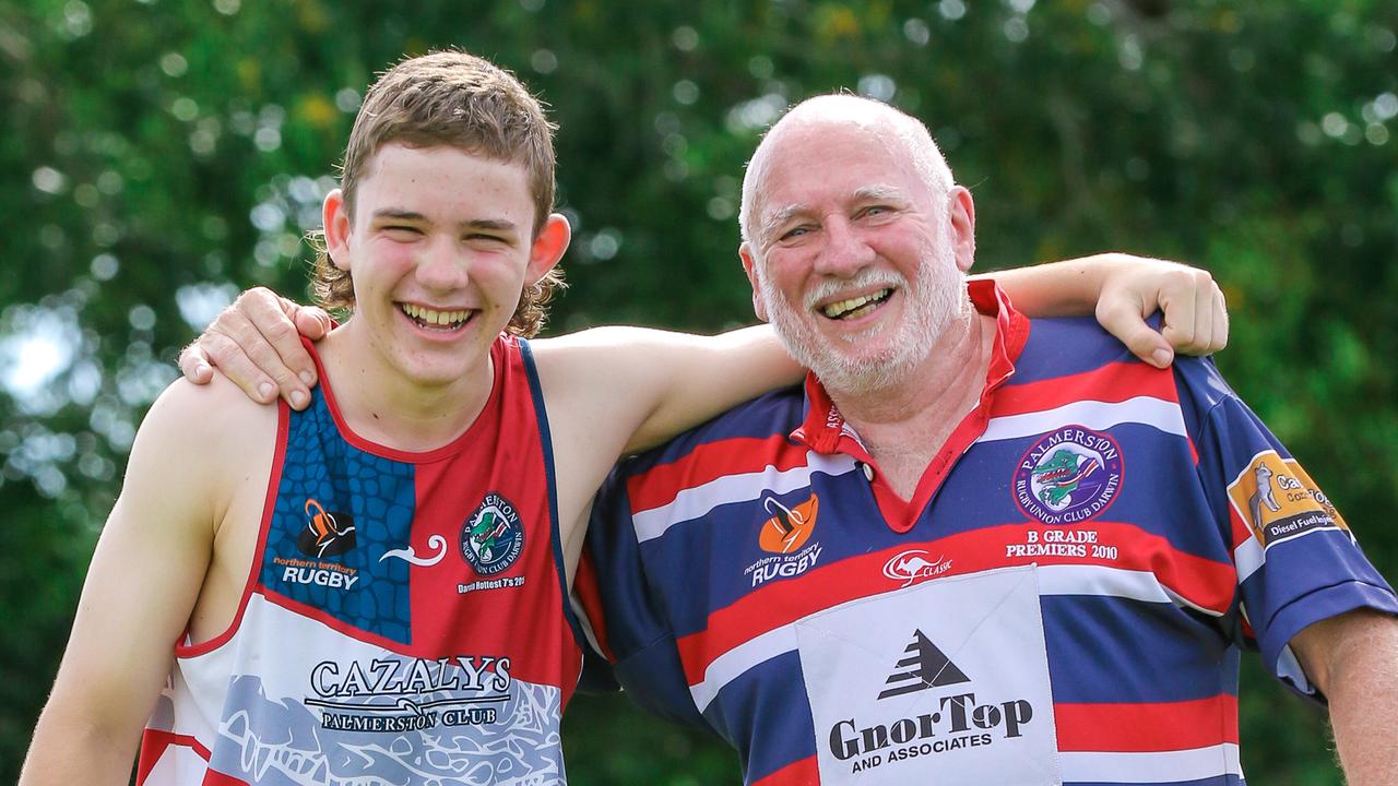 Dennis Bree with his grandson Hamish Blake. Picture Glenn Campbell