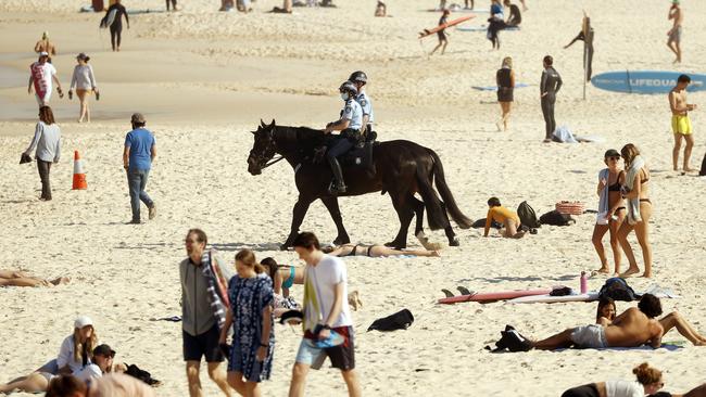 Mounted police patrol Bondi Beach on Saturday. Picture: Sam Ruttyn