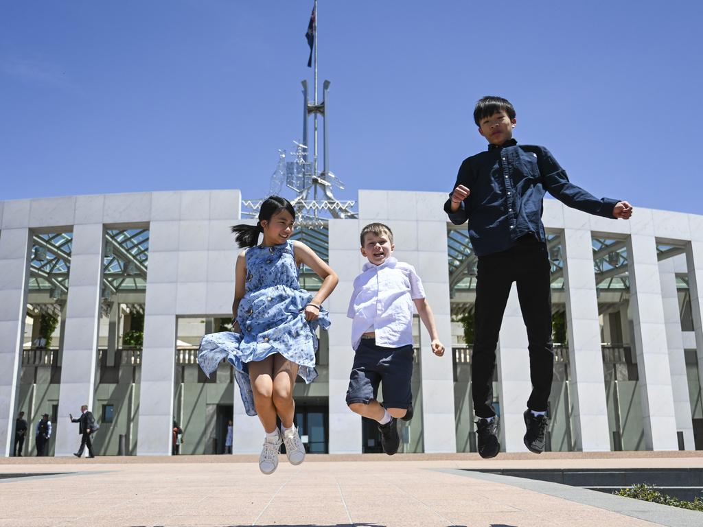 CANBERRA, AUSTRALIA, NewsWire Photos. NOVEMBER 13, 2023: 2023 Prime Minister's Spelling Bee national champions: Years 3-4 (Green) winner Samuel Wright, 9 (grade 4), Years 5-6 (Orange) winner Abigail Koh, 12 (grade 6), Years 7-8 (Red) winner The Bee's first back-to-back champ Zachary Cheng, 14 (year 8) at Parliament House in Canberra. Picture: NCA NewsWire / Martin Ollman