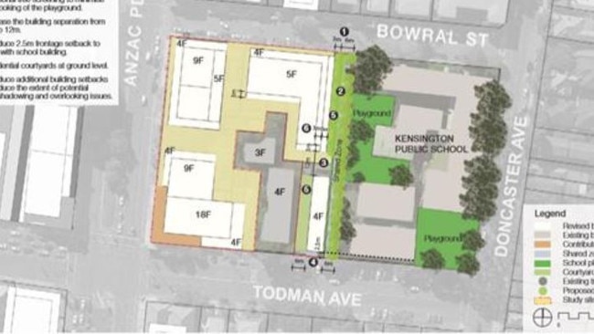 The amended plan for developments next to Kensington Public School (including heights in storeys and the laneway).