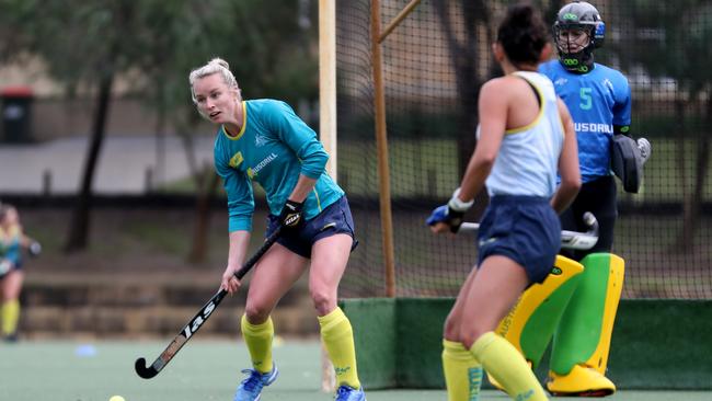 South Australian midfielder Jane Claxton, left, has recovered from a serious hamstring injury to return to the Hockeyroos squad for a four-nations tournament in Japan this month. She will achieve her 150th international cap on tour. Picture: Richard Wainwright