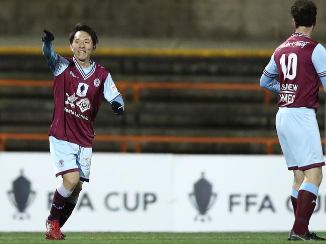 Tasuku Sekiya celebrates scoring against Melbourne Victory in the FFA Cup. Picture: Mark Metcalfe.