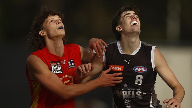 Jonty Faull (right) is a Rebels player in contention for the AFL draft this year. Photo by Daniel Pockett/AFL Photos/via Getty Images