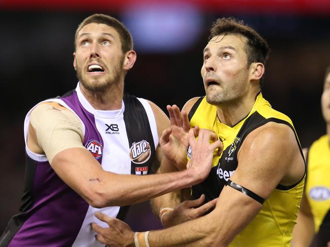 Tom Hickey, left, battles with Richmond’s Toby Nankervis this season.