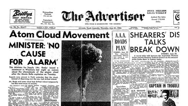 The Advertiser on June 21, 1956, with a front page on the atomic bomb tests at Maralinga.