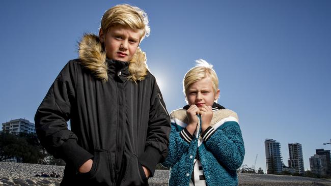 Young brothers London, 10, and Juke Proctor-Sargent, 9, in their winter woollies at Kurrawa. Picture: Jerad Williams