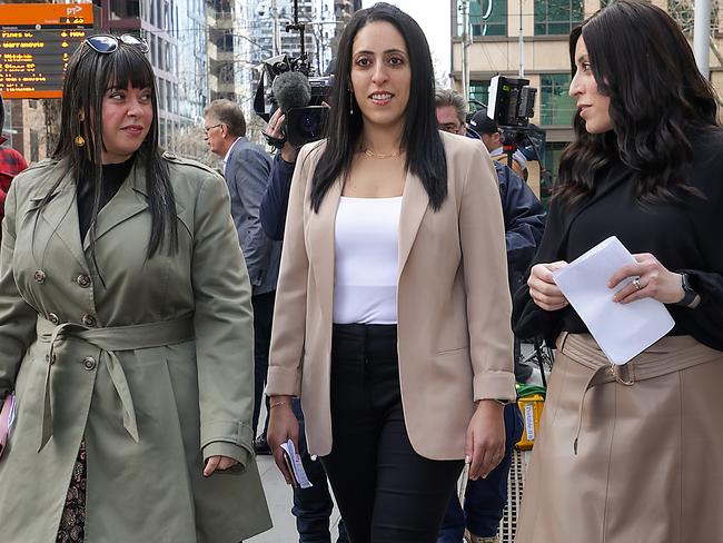 Sisters Dassi Erlich, Elly Sapper and Nicole Meyer outside the County Court after Malka Leifer was sentenced to 15 years in prison for sexually abusing them. Picture: Ian Currie