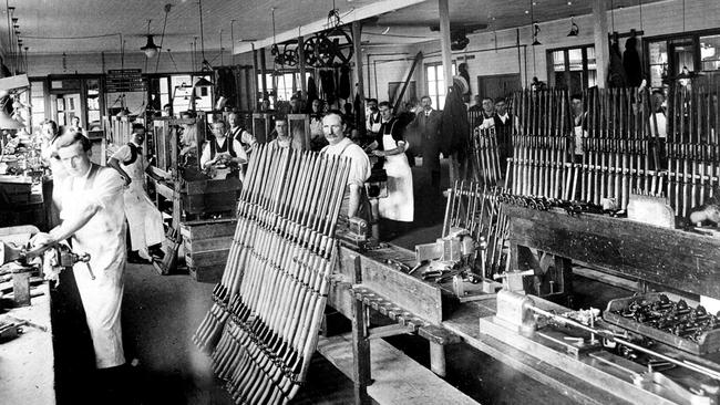 Workers make rifles at the Lithgow small arms factory during World War I.