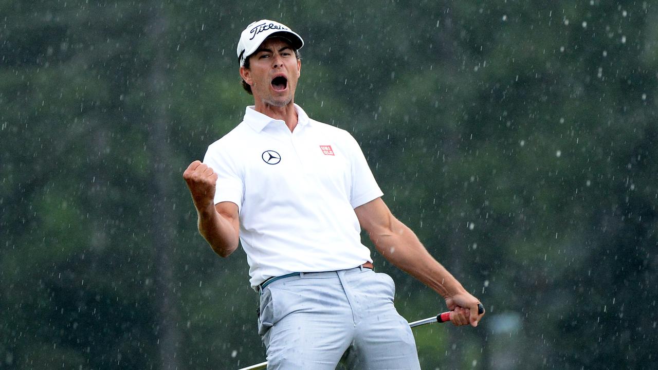 Adam Scott of Australia celebrates his birdie on the 18th en-route to his famous 2013 Masters win.