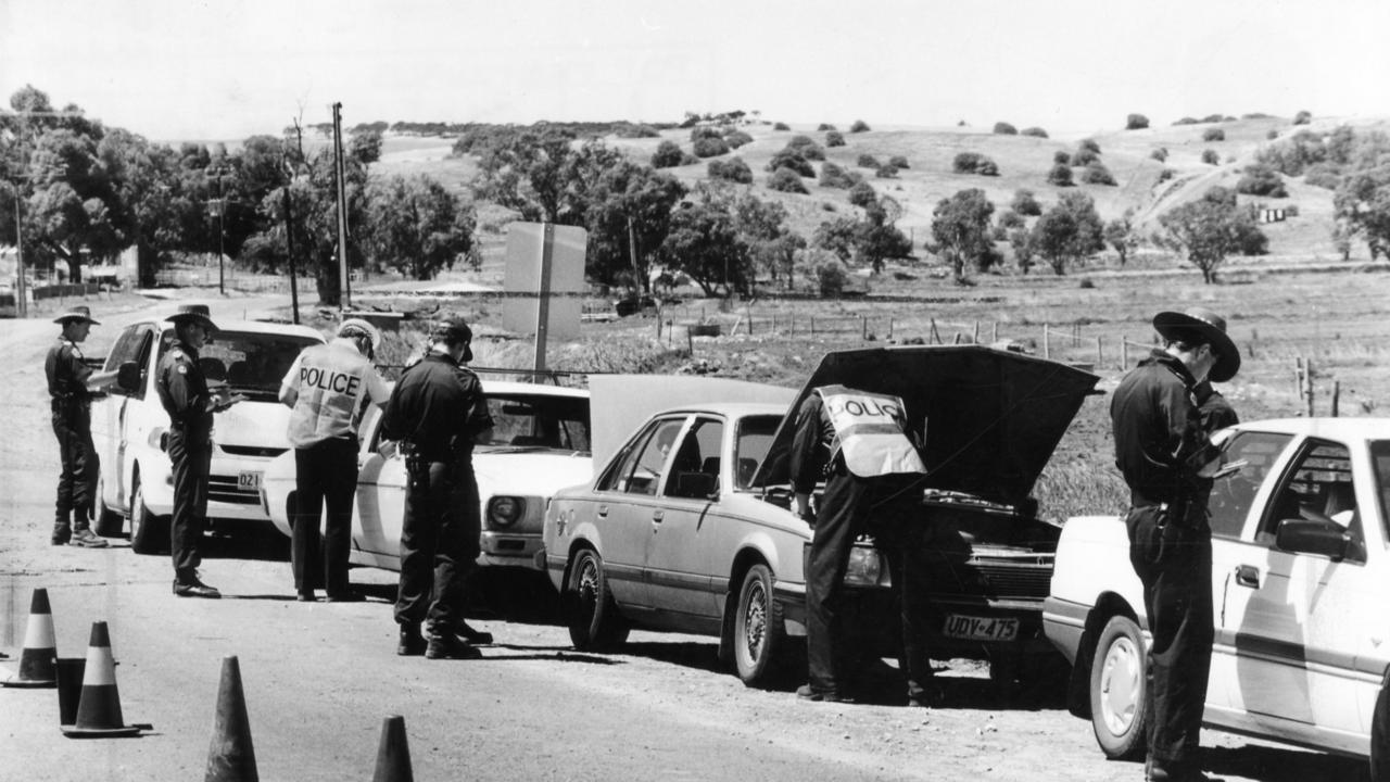 Music fans have their motor cars searched at a police checkpoint on the way to Ponde rock music festival, held by the Hell's Angels Motorcycle Club in Ponde near Mannum, SA, 18 Feb 1995.