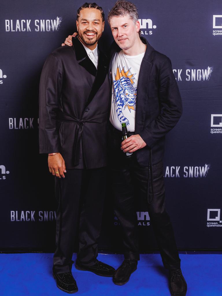 Ziggy Ramo and Jed Palmer at the Australian premiere of Queensland-produced Stan streaming series Black Snow at Brisbane's Event Cinemas Myer Centre. Picture: Stan Australia