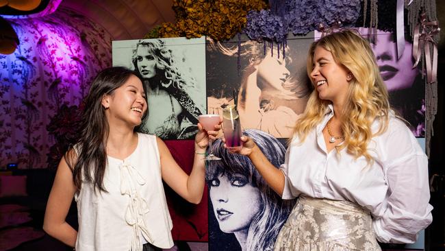 Cherie Phitoyo and Jennifer Sacks enjoy cocktails at Crown Sydney’s Teahouse, which will serve a special Swift themed three-tiered high tea ahead of her Australian tour. Photographer: Tom Parrish