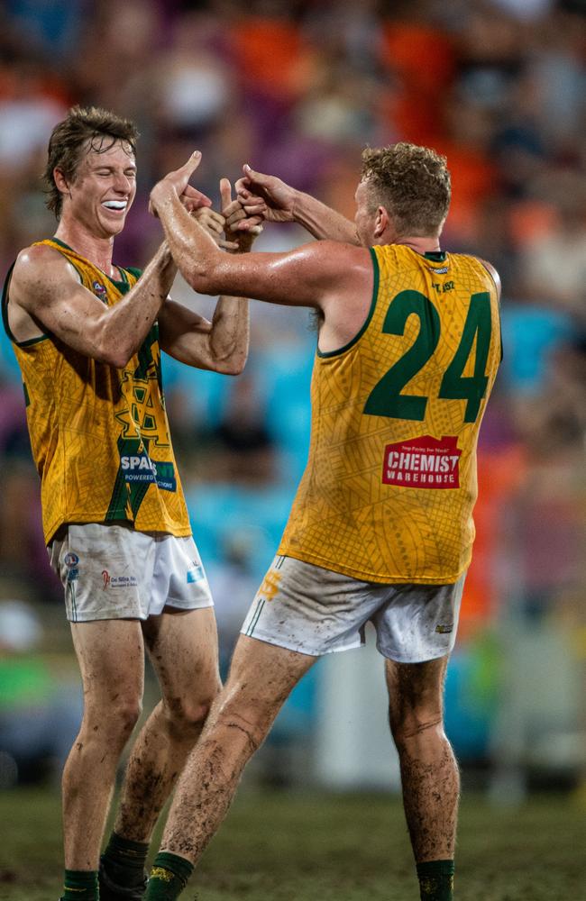 Mitch Musgrove and Jackson Calder celebrates the score in the 2023-24 NTFL Men's Grand Final between Nightcliff and St Mary's. Picture: Pema Tamang Pakhrin