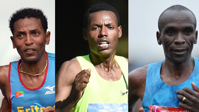 Zersenay Tadese, Lelisa Desisa and Eliud Kipchoge will attempt to complete the marathon in one hour, 59 minutes and 59 seconds. Pic: AFP