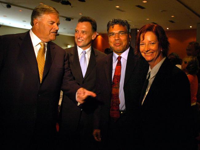 With then Federal opposition leader Kim Beazley in 2006, Craig Emerson and Julia Gillard at the National Press Club in Canberra. Mundine had just been appointed Federal president of the Labor Party.