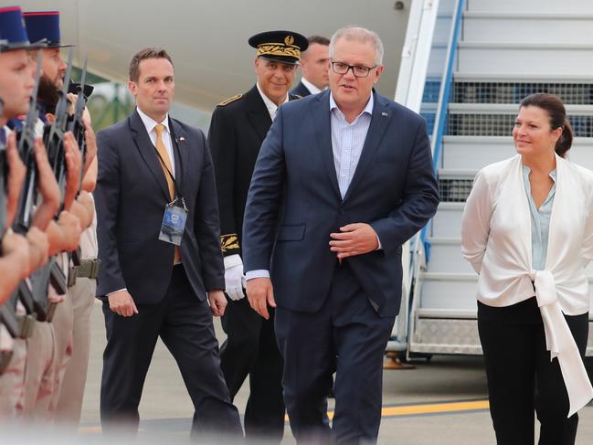 Australian PM Scott Morrison arrives for the G7 with his wife Jenny. Picture: Adam Taylor