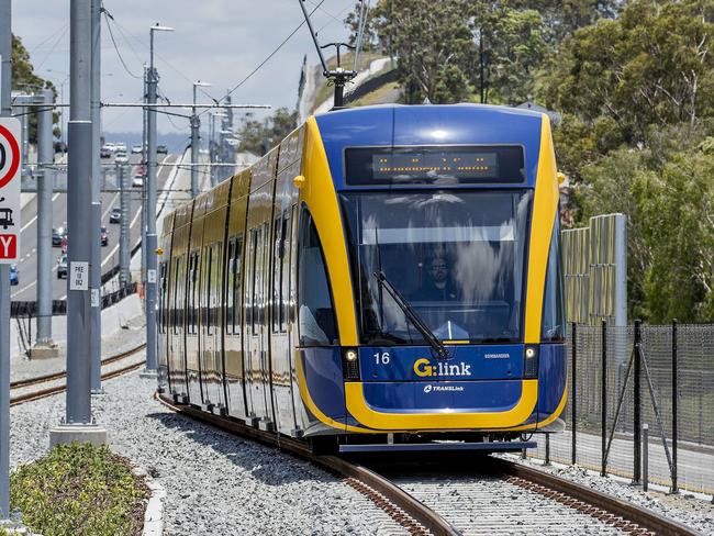 Opening morning of the Stage 2 of the Gold Coast light rail (g:link). The light rail tram at the Parkwood East Station.  Picture: Jerad Williams