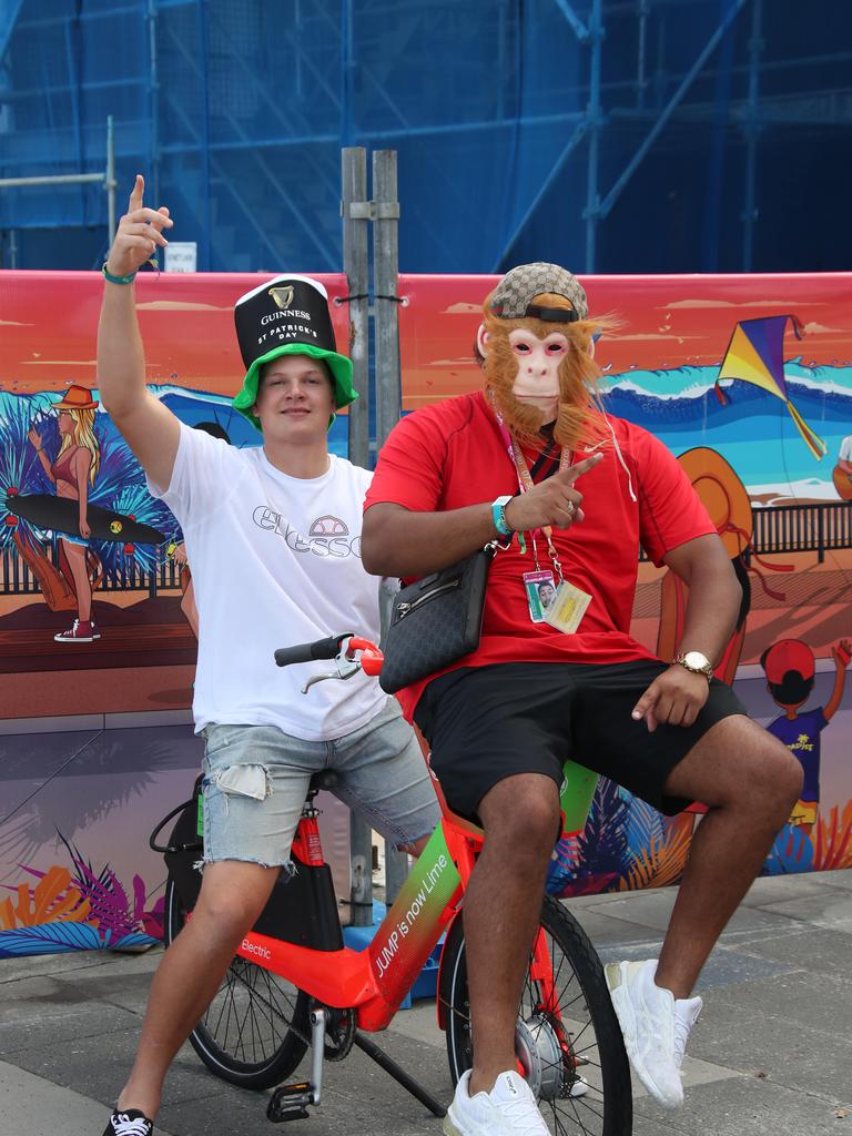 Day three of Schoolies celebrations in Surfers Paradise. Gold Coast Schoolies Oska Lynd and and Buddha Baum (Gorilla) enjoy the ride. ...Picture Glenn Hampson