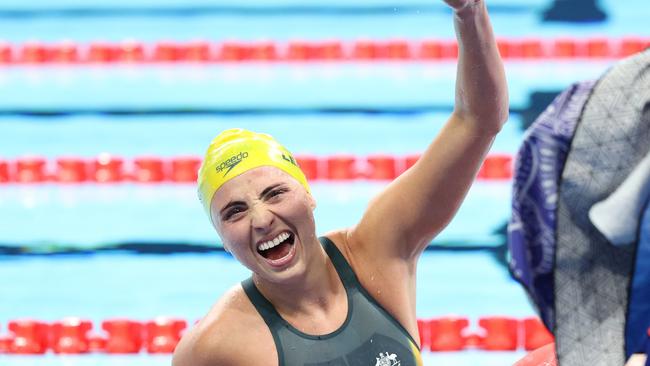 Alexa Leary of Team Australia reacts after the Women's 100m Freestyle - S9 Final on day seven of the Paris 2024 Summer Paralympic Games (Photo by Adam Pretty/Getty Images)