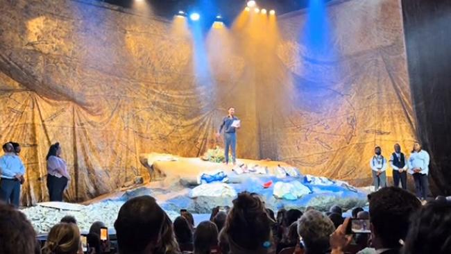 Stills from a video showing cast members of Sydney Theatre Company's The Visitors expressing support of the people of Gaza following a November 8 performance. Source: TikTok