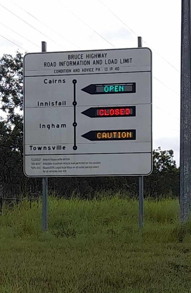 Bruce Highway road closure warning sign near the Saunders Beach turn-off. Picture: Shae Beplate