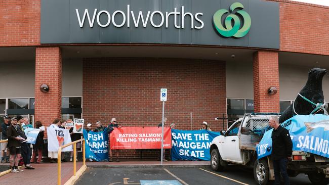 Anti-Tasmanian salmon farm protest outside Sandy Bay Woolworths. Picture: Bob Brown Foundation