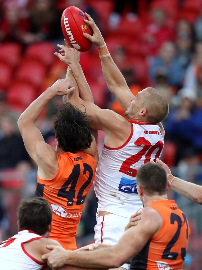 Sydney’s Sam Reid wasn’t paid a free kick in this marking contest. Picture: Phil Hillyard