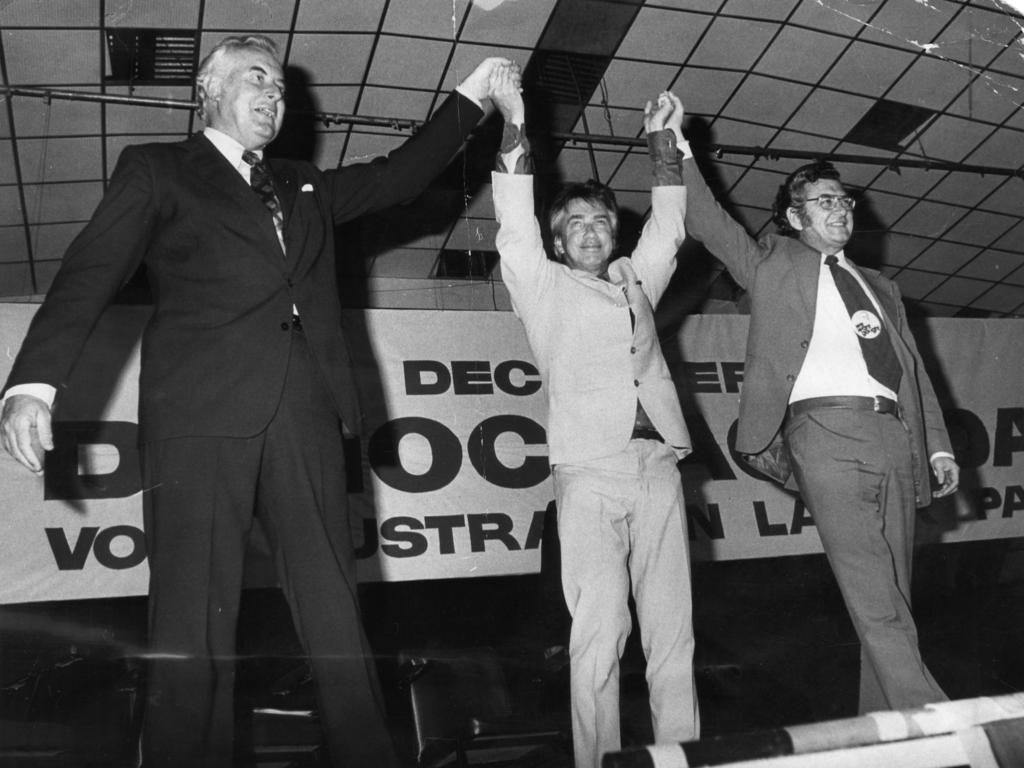 Former prime minister Gough Whitlam, ex-premier Don Dunstan and the then ALP federal president Bob Hawke opening the Australian Labor Party's election campaign for SA, following the dismissal of the Whitlam government.