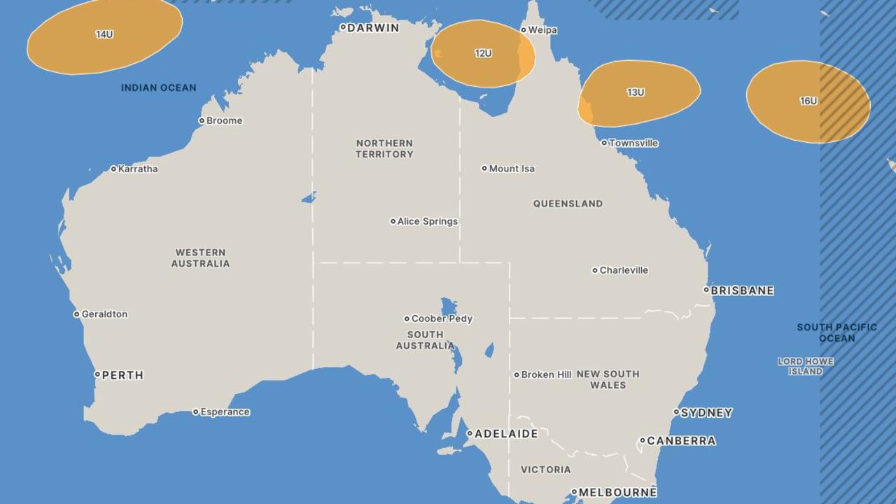 The Bureau of Meteorology's seven day tropical cyclone outlook shows five tropical lows with potential to form into cyclones.