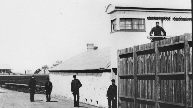 Warders pose outside the St Helena Island prison, at the mouth of the Brisbane River, in 1893. Picture: State Library of Queensland