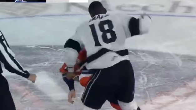 Brandon Manning and Boko Imam fight during an ice hockey game.