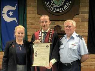 FREEDOM OF THE CITY: LCC general manager Shelley Oldham, mayor Isaac Smith and Commanding Officer of the 326 (City of Lismore) Squadron, Lieutenant (AAFC) Roy Nuttycombe. Picture: Supplied