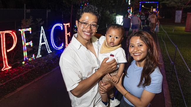 Darryl Shabong and Meba Shangpliang with Israel Shangpliang at Toowoomba's Christmas Wonderland in Queens Park, Saturday, December 7, 2024. Picture: Kevin Farmer