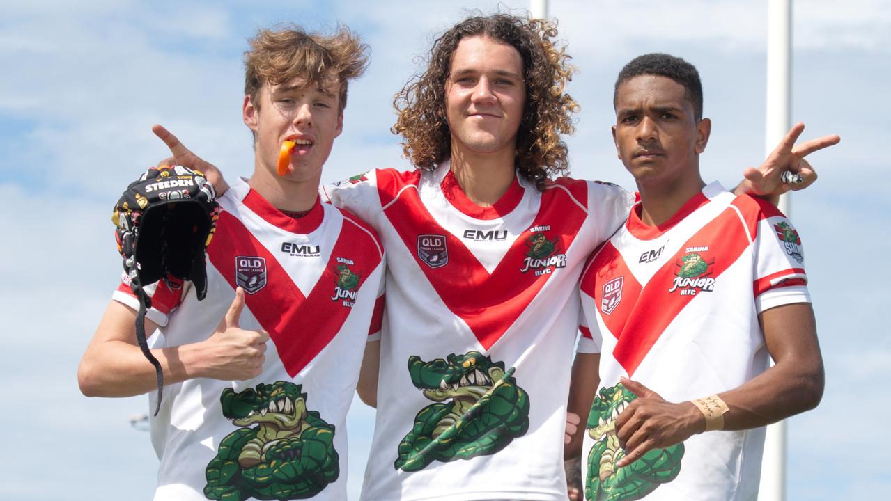 Kye McGilvray, Cameron Stevens and Masi Ketchell-Mills in Sarina and Wanderers clash in the RLMD U16s semi final, August 21, 2021. Picture: Marty Strecker