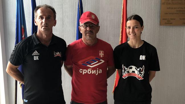 Drago Klajcic with Serbian football federation coach Zeljko Mirtovic and Dragana Klajcic from Drago's Football Academy. Picture: Supplied