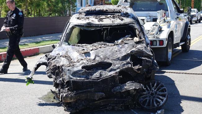 The burnt-out wreck of Anne Heche's car. Picture: Backgrid