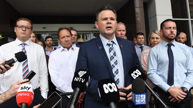 NT Police Union boss Paul McCue addresses media after Zachary Rolfe is found not guilty of all charges. Picture: Amanda Parkinson