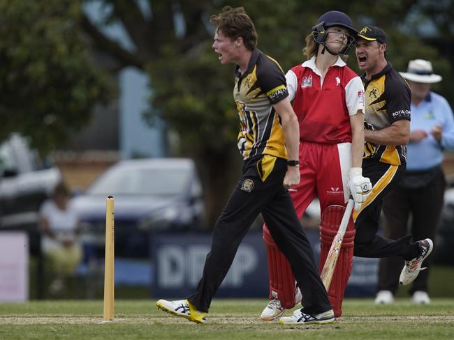 Mordi opener Harrison Scott is disappointed after being given out leg before as Tigers p;aceman Ed McGarry is pumped up. Picture: Valeriu Campan