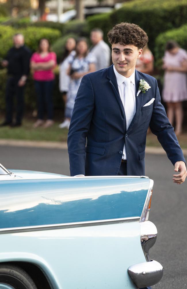 Graduate Riley Zanette arrives at Mary MacKillop Catholic College formal at Highfields Cultural Centre, Thursday, November 14, 2024. Picture: Kevin Farmer