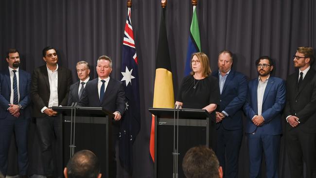 Flanked by industry representatives, ministers Chris Bowen (front left) and Catherine King (front right) announced changes to its proposed fuel efficiency standard. Picture: NCA NewsWire / Martin Ollman.