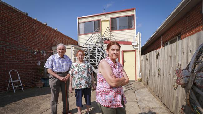 Kingston Council building notice debacle. Josie Puglisi (right) with parents John and Gina Adornato outside the building. Picture: Wayne Taylor