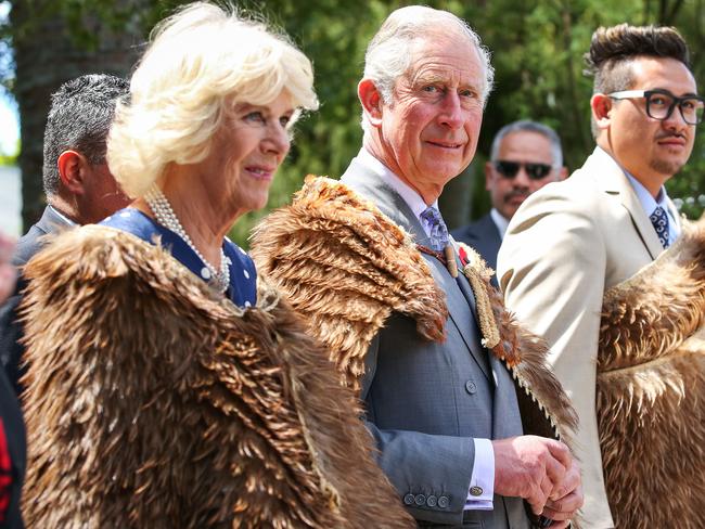 Prince Charles and Duchess Camilla arrive dressed in Korowai (traditional Maori woven cloak) during a visit to Turangawaewae Marae in New Zealand in 2015. Picture: Hagen Hopkins/Getty Images