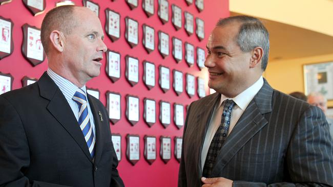 Mayor-elect Tom Tate with then-premier Campbell Newman just days after the 2012 poll. Mr Newman’s decision to delay signing off on the controversial cruise ship terminal ahead of the 2015 state election doomed the project. Picture: Jono Searle